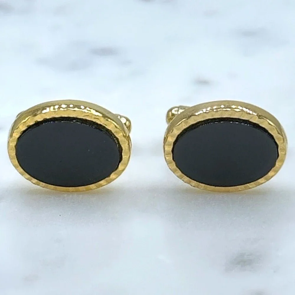 Vintage Oval Black Center & Gold Tone Bullet Back Elegant Formal Cufflinks